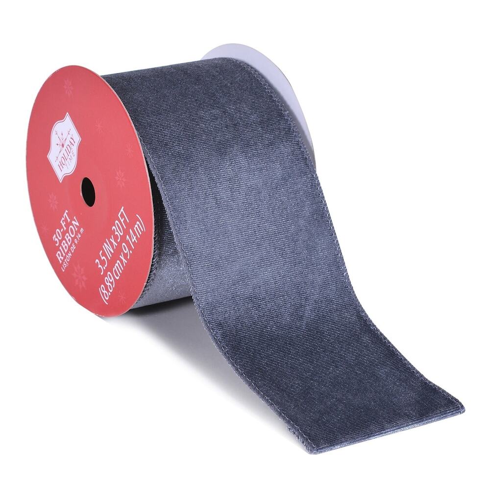Holiday Time Christmas Gray Velvet Wired-Edge Ribbon, 3.5" x 30' - Gray